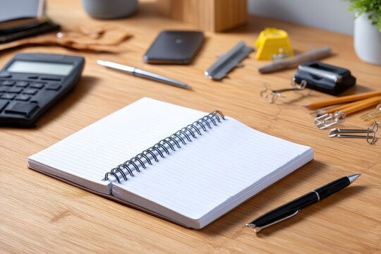 Open spiral notebook on wooden desk surrounded by office supplies in a tidy workspace.