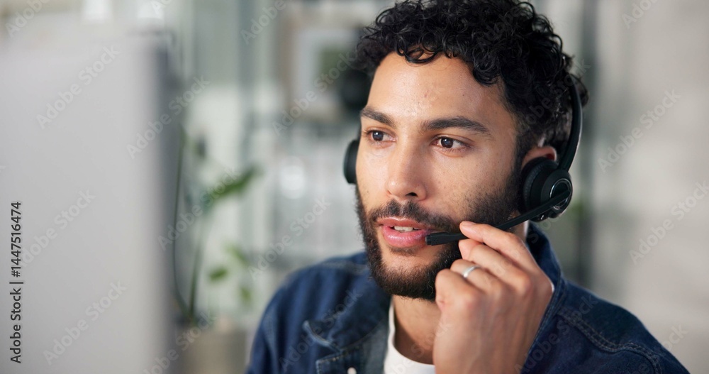 Poster man, headset and mic with computer at call center for contact us, sales consultant and customer serv