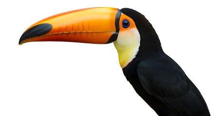 Obraz premium Vibrant close-up portrait of a Toco Toucan (Ramphastos toco), focusing on its head and iconic, oversized orange beak with a distinct black tip