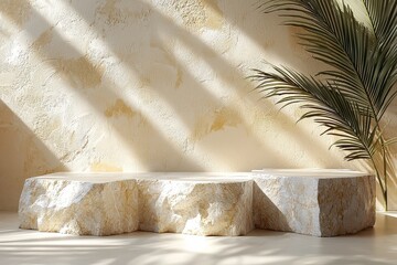 Minimalist white marble podium with palm leaf shadow, beige wall background, perfect for beauty product presentation or advertising.