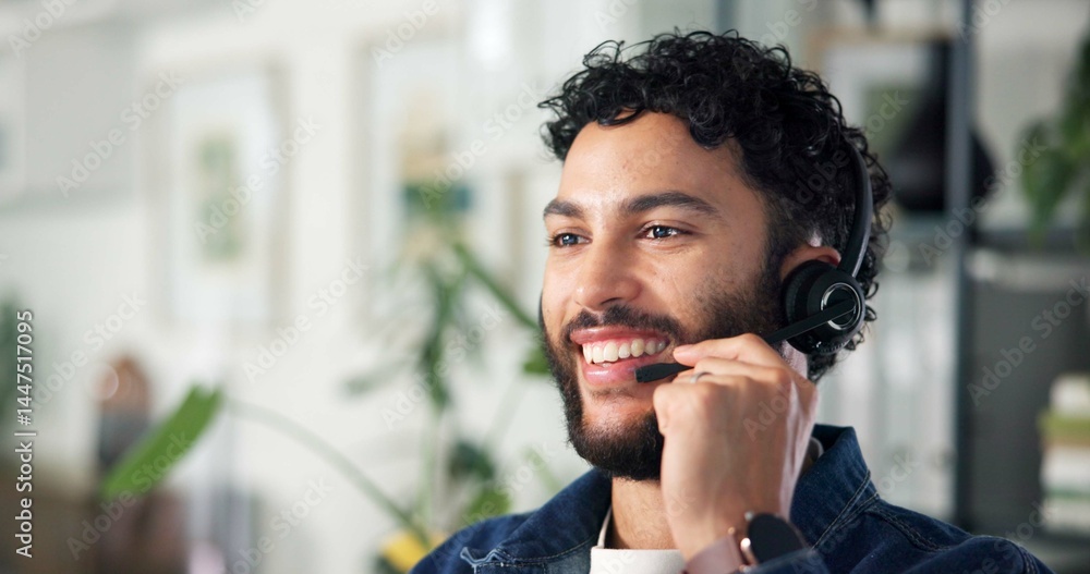 Poster man, headset and smile with mic at call center for contact us, sales agent and customer service. mal