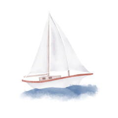 A boat with white sails and a red stripe on the side floats on the waves. Watercolor illustration. A small sailing yacht, a sea vessel for recreation and travel, isolated on a white background.