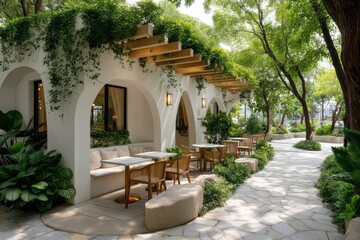 Fototapeta premium Garden cafe with lush greenery and outdoor seating in a sunny urban setting