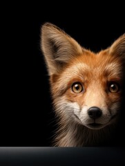 Fototapeta premium Friendly fox peering from shadows with captivating eyes in a dark environment