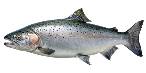 Obraz premium Beautiful Salmon with Silver Scales and Black Spots Swimming in Dark Water