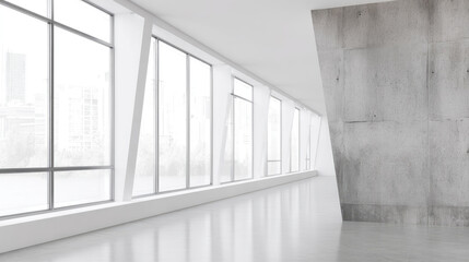 Obraz premium Modern, minimalist interior hallway with large windows and a textured concrete wall. Wide expanse of white flooring and walls, showcasing city views