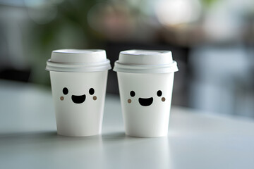 可愛い顔のある２個のコーヒーカップ-1
