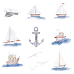 A motorboat and a yacht sailing on the waves. Anchor and captain's cap. Watercolor illustration. A set of sea vessels for travel and fishing, isolated on a white background. For marine-style decor.