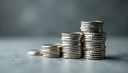 curved stack with silver coins on grey blurred background