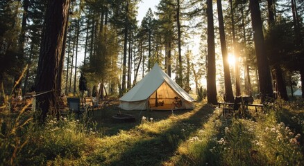 Sunrise Camping Tent in Majestic Forest: Tranquil Escape, Peaceful Glamping Adventure Amidst Tall Trees