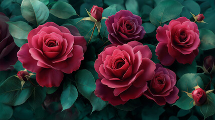 Obraz premium A close-up of deep red roses in full bloom surrounded by rich green leaves, captured in soft moody lighting, evoking elegance, romance, and natural beauty in a dark botanical setting.