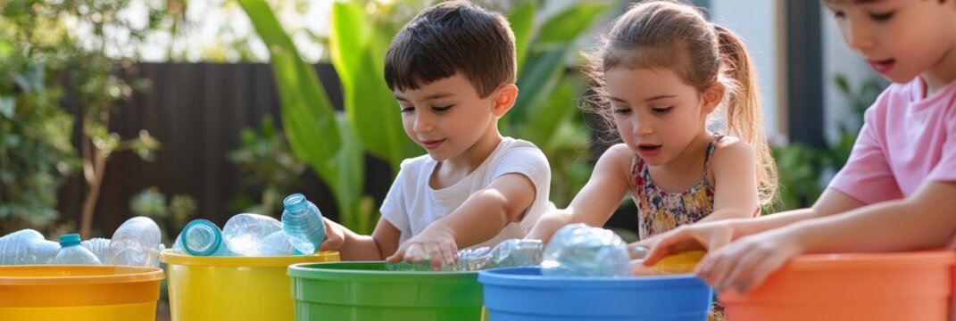 Group of children putting plastic bottles into different colored bins, promoting environmental awareness, sustainability, and waste management in a playful outdoor setting