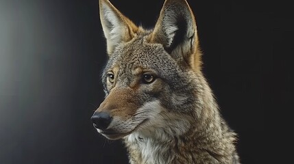 Fototapeta premium Stunning portrait of an adult wolf against a dark background showcasing its majestic features