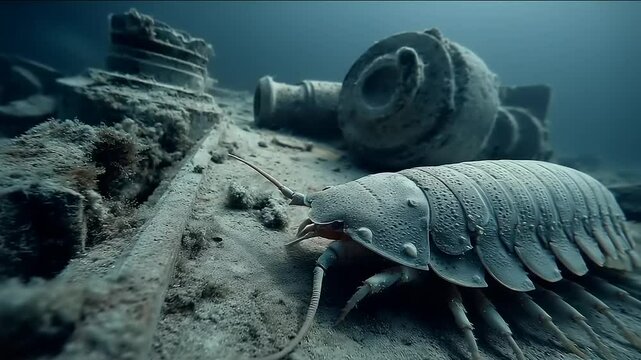 Underwater scene featuring a giant isopod exploring debris