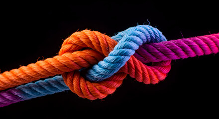 Close Up of Colorful Knotted Rope on Black Backdrop Fiber Details and Vibrant Tones Symbolizing Connection
