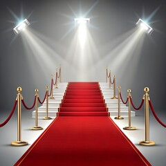 White Staircase with Red Carpet, Gold Barriers, and Bright Spotlights on Gray Backdrop