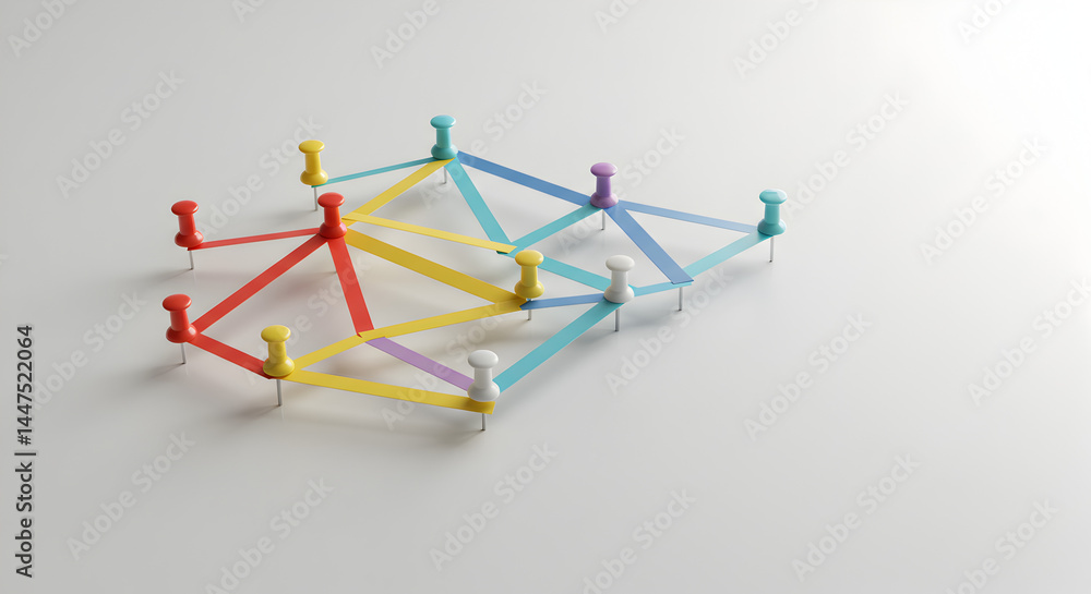 Aufkleber colorful pushpins connected with thread creating network on white background symbolic of communicati