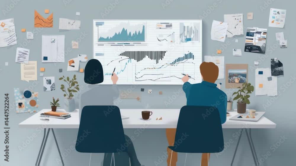 Aufkleber business partners analyzing financial charts and graphs projected on an interactive whiteboard, they
