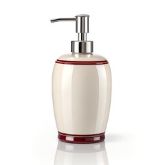 Obraz premium Modern Cream & Red Dispenser with Chrome Pump on Reflective White Surface, Still Life