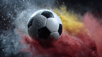 Naklejka premium Dynamic Soccer Ball: A soccer ball, bursting with energy, is captured mid-flight, encapsulated in a vibrant cloud of colored powder, showcasing motion, action, and sporting excellence. 