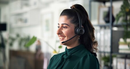 Callcenter, woman and smile with headset in office, CRM or communication for customer service or help desk. Advice, FAQ and telecom agent with happy female person for phone call, support or contact