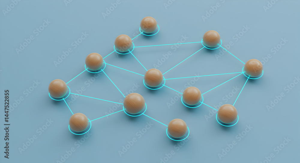 Poster connected spheres representing a network on light blue background illustrating modern connection con