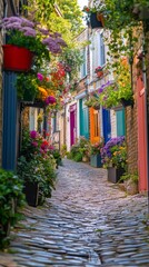A vibrant cobblestone alley adorned with colorful flowers and charming doors. This picturesque path invites exploration and serenity. Nature meets urban living. Generative AI