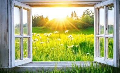 Obraz premium Sunny meadow view through open window