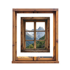 Fototapeta premium rustic wooden window frame showcases breathtaking mountain landscape, featuring lush greenery and towering peaks under clear blue sky. scene evokes sense of tranquility and natural beauty