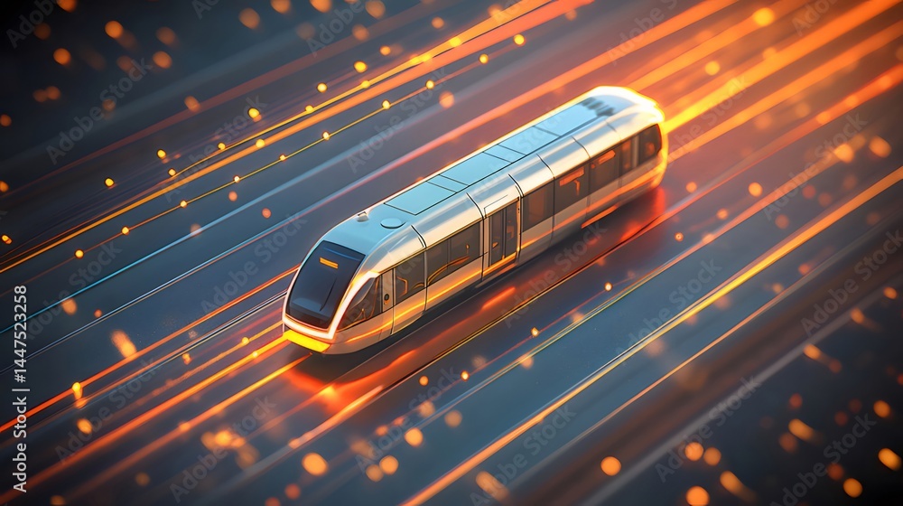 Aufkleber 未来的な高速鉄道のデジタルイラスト 輝くオレンジ色の線とライトに包まれたメタリックグレーの電車