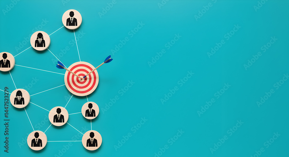 Poster darts hit target surrounded by people network on blue background representing teamwork and connectio