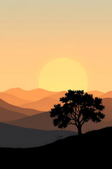 Minimalist nature landscape featuring a dark silhouette of a tree or mountain against a soft pastel gradient sky. Flat or semi-realistic style with a calm, peaceful mood. Created with generated AI
