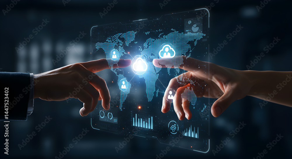 Poster digital interface interaction with two hands on futuristic transparent screen displaying global data