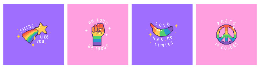 Pixel art pride posters set. Hand drawn LGBTQ square designs with rainbow elements, symbols and slogans. Vector illustrations for social media, prints and merchandise.