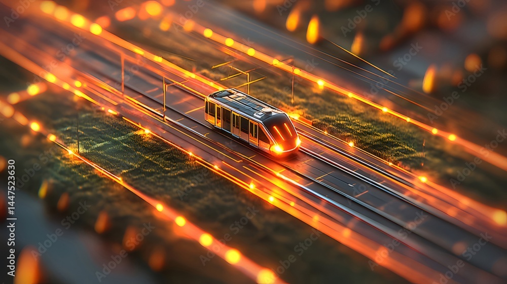 Aufkleber デジタル表現の光る列車が夜の都市を走行する未来的な交通機関