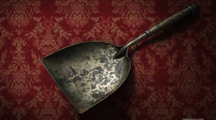Classic dustpan with distressed metal texture boldly displayed over a red damask pattern, radiating vintage confidence