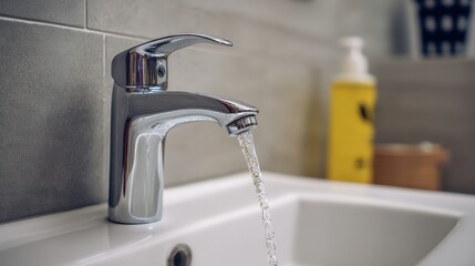 Close-up of a modern chrome faucet with running water in a sleek bathroom setting.