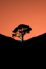 Minimalist nature landscape featuring a dark silhouette of a tree or mountain against a soft pastel gradient sky. Flat or semi-realistic style with a calm, peaceful mood. Created with generated AI