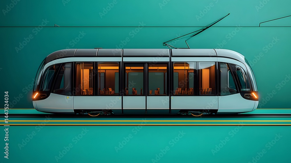 Aufkleber 背景に緑色のモダンな電車 車両のデザインと窓から見える内部の光景