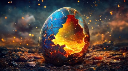 Colorful egg cracked open, with golden inner light and glowing fairy lights softly surrounding it