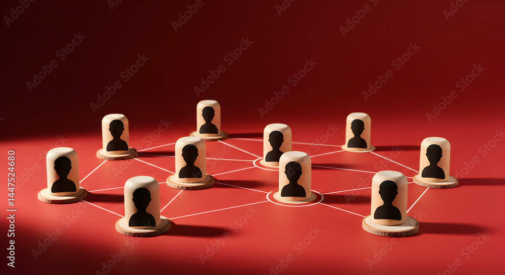 Poster figurines depicting a social network on red background representing connection and communication