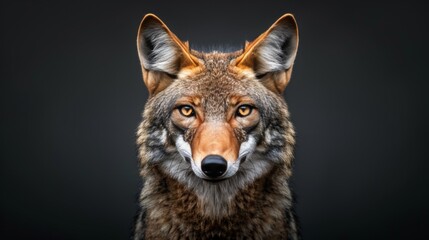 Fototapeta premium Majestic adult wolf portrait against a dark background highlighting its wild beauty