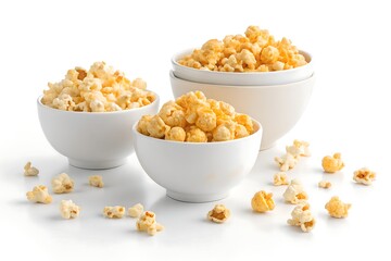 Three White Bowls Full of Fresh Buttered Popcorn Kernels on Clean White Backdrop