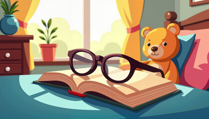 Cozy teddy bear with glasses beside an open book in a bright room  