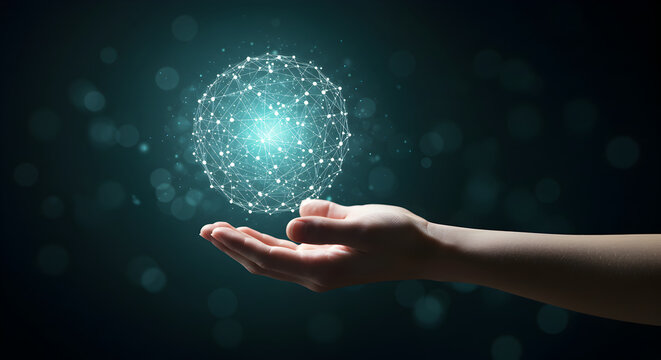 Glowing Sphere Held in Hand Represents Digital Connectivity and Technological Innovation on Dark Background