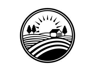 Retro Farm Logo Silhouette | Vintage Agriculture Field Scene with Barn, Sunrise and Trees | Rustic Organic Vector Design

