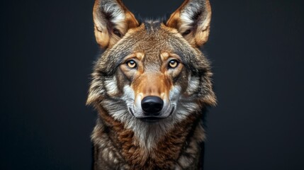 Fototapeta premium Stunning portrait of a majestic adult wolf against a dark background, highlighting its features