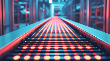A modern conveyor belt with glowing red lights in an industrial setting, creating a high-tech and futuristic atmosphere.