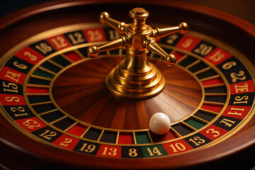 Close-up of roulette wheel with golden spinner and white ball, gambling casino game concept, chance and luck symbol, betting entertainment, risky money play, roulette table

