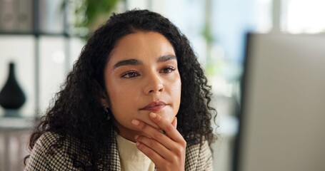 Business woman, thinking and reading by computer for editing, email or online research with...